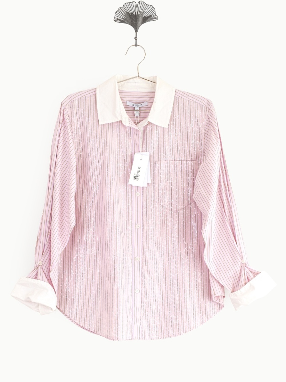 NWT Derek Lam 10 Crosby Wesley Sequined Striped Cotton Shirt Pink $395 - Size M - Picture 6 of 12